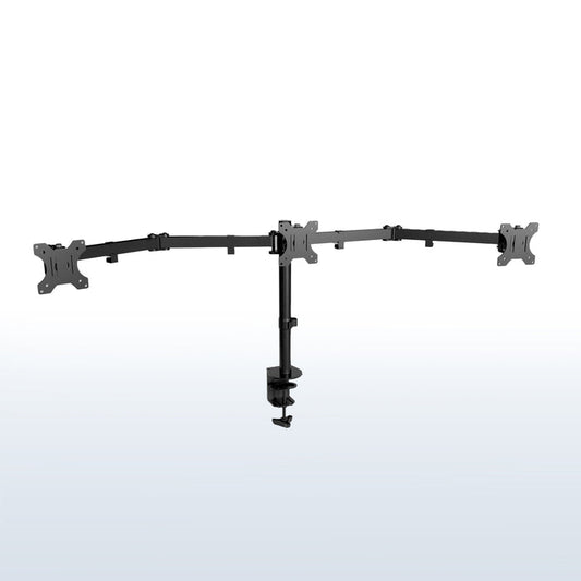 Sturdy height adjustable triple monitor desk mount.