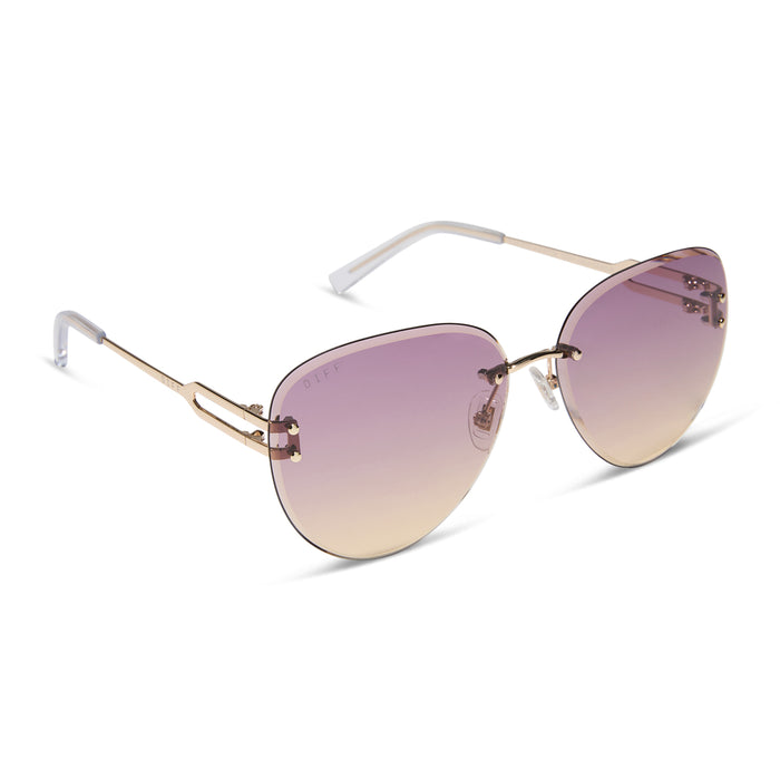 diff eyewear featuring the trista aviator sunglasses with a gold frame and misty lilac gradient lenses angled view