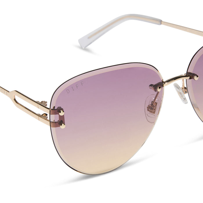 diff eyewear featuring the trista aviator sunglasses with a gold frame and misty lilac gradient lenses detailed view