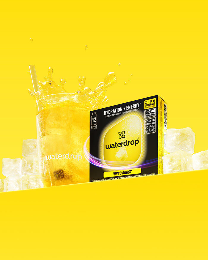 Microenergy 3+1 Turbo Boost hydration cubes with yellow drink.