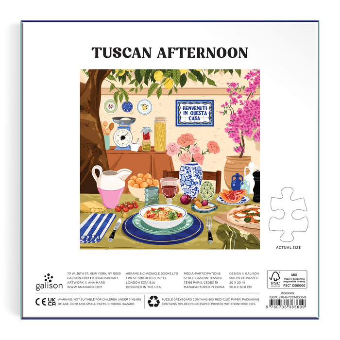 Enjoy a vibrant outdoor meal scene with Ana Hards Tuscan Afternoon 500 Piece Puzzle, featuring plates of food, fruit, a teapot, cups, flowers, decor, and an Italian Benvenuti in questa casa sign.