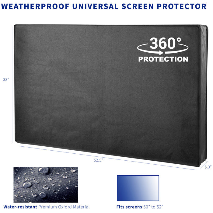 A black TV cover fitted over a ceiling mount TV with water resistant feature highlighted.
