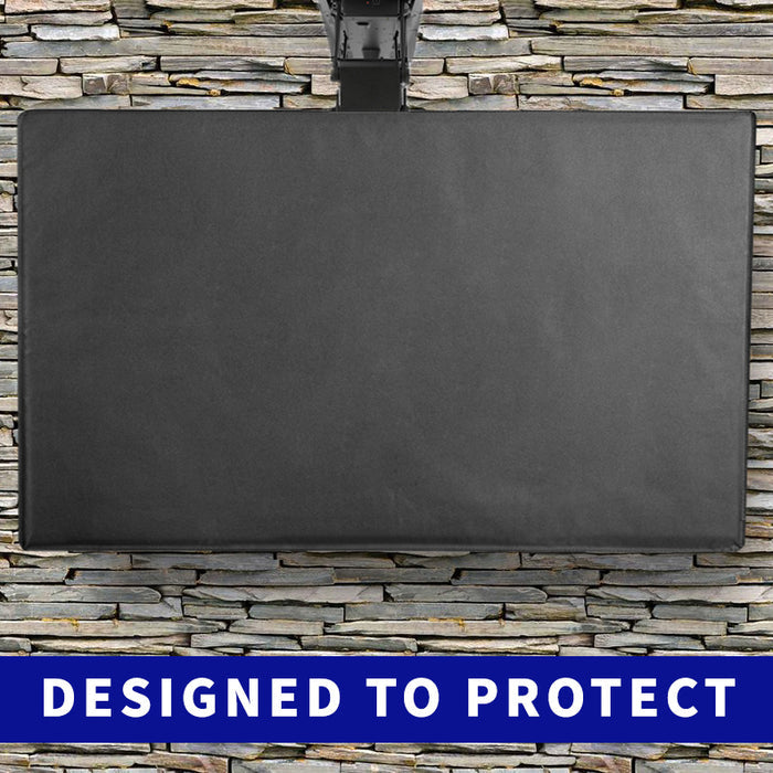A black TV cover fitted over a ceiling mount TV with a visible mounting mechanism.