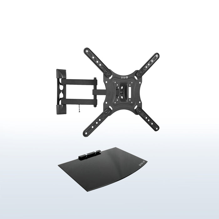 Sturdy TV wall mount with a tempered glass shelf.