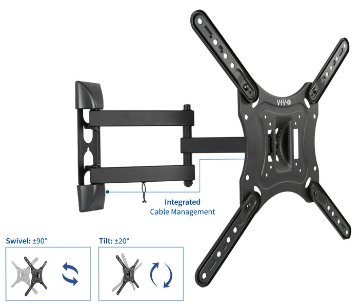 TV mount includes built-in cable management and offers swivel and tilt adjustments to provide ergonomic viewing angles.