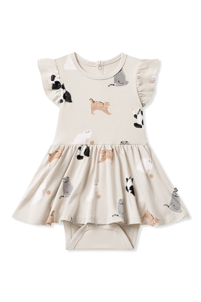 Twirl Bodysuit Dress in Fluffy Cat on a white background