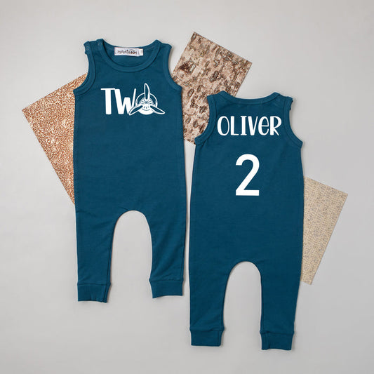 "Two" Airplane Slim Fit Second Birthday Romper