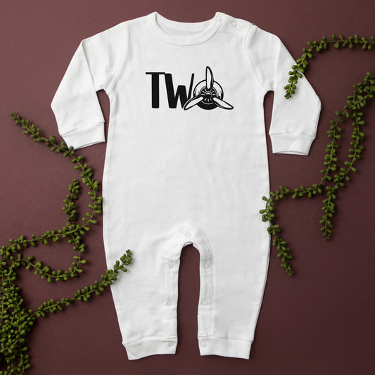 "Two" Airplane Themed Long Sleeve Romper