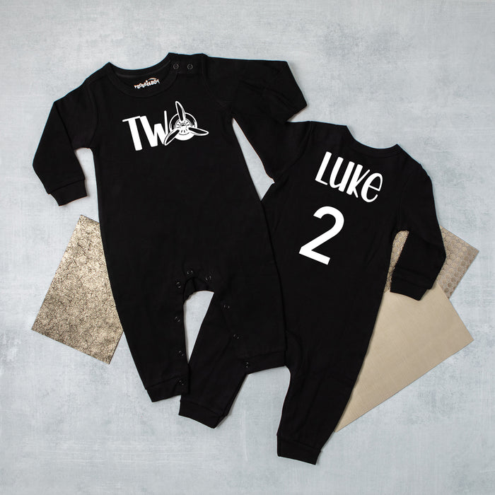"Two" Airplane Themed Long Sleeve Romper