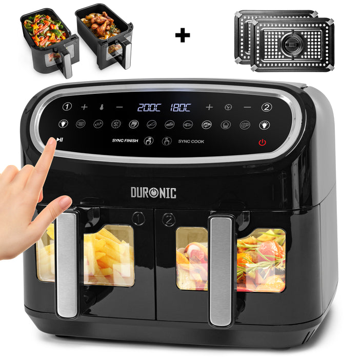 (TWO DRAWER MODEL) Duronic AF24 BK Dual Air Fryer, 10L Large Capacity Digital Air Fryer with Dual Zone Baskets, 10 Cooking Presets, Sync Cook & Finish, 2400W Fast Cooking, Viewing Window, Dishwasher-Safe – Family Size