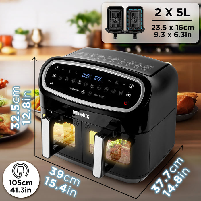 (TWO DRAWER MODEL) Duronic AF24 BK Dual Air Fryer, 10L Large Capacity Digital Air Fryer with Dual Zone Baskets, 10 Cooking Presets, Sync Cook & Finish, 2400W Fast Cooking, Viewing Window, Dishwasher-Safe – Family Size