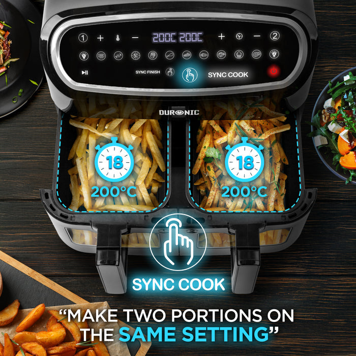 (TWO DRAWER MODEL) Duronic AF24 BK Dual Air Fryer, 10L Large Capacity Digital Air Fryer with Dual Zone Baskets, 10 Cooking Presets, Sync Cook & Finish, 2400W Fast Cooking, Viewing Window, Dishwasher-Safe – Family Size