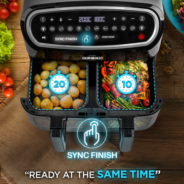 (TWO DRAWER MODEL) Duronic AF24 BK Dual Air Fryer, 10L Large Capacity Digital Air Fryer with Dual Zone Baskets, 10 Cooking Presets, Sync Cook & Finish, 2400W Fast Cooking, Viewing Window, Dishwasher-Safe – Family Size