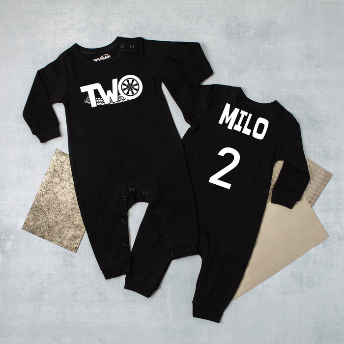 "Two" Racecar Themed Long Sleeve Romper