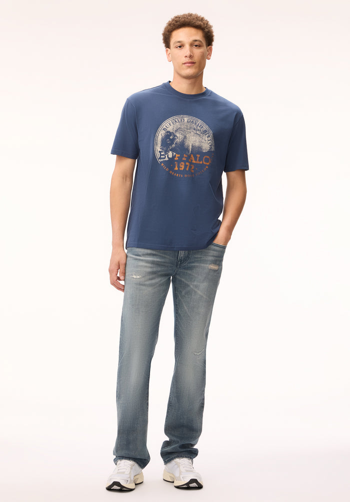 Buffalo Men T-Shirts Navy Knit Tees Short Sleeve Distressed Detailing