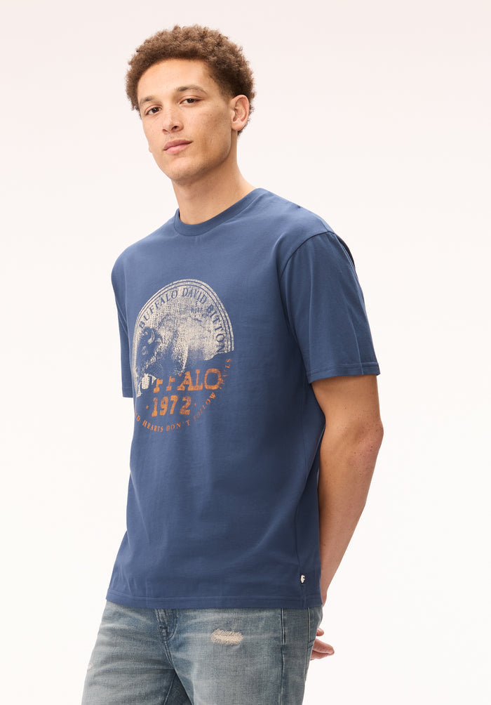 Buffalo Men T-Shirts Navy Knit Tees Short Sleeve Distressed Detailing