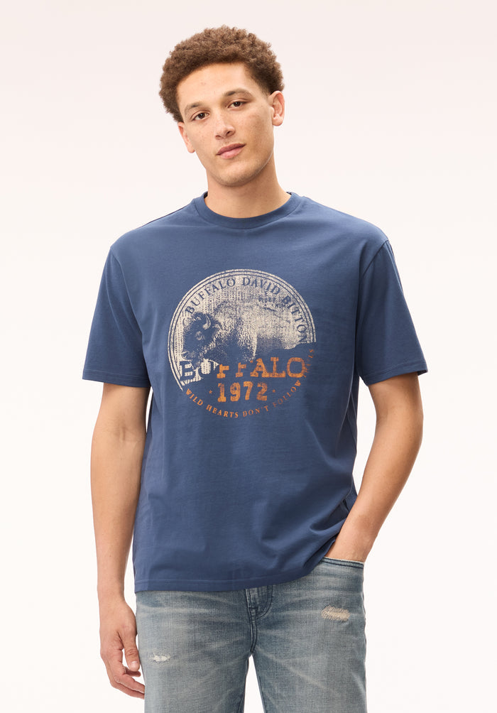 Buffalo Men T-Shirts Navy Knit Tees Short Sleeve Distressed Detailing