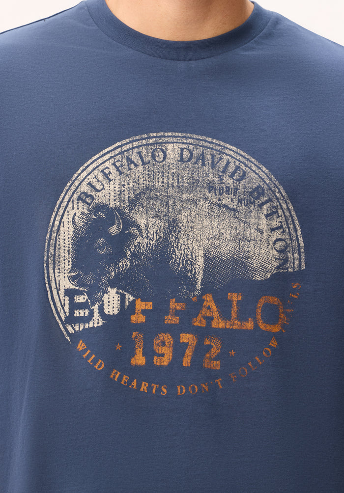 Buffalo Men T-Shirts Navy Knit Tees Short Sleeve Distressed Detailing