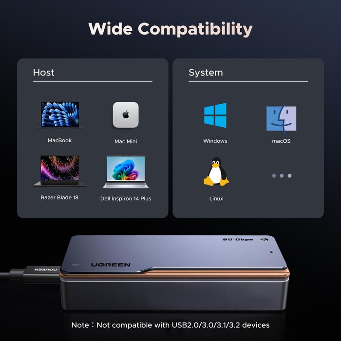 UGREEN 80Gbps M.2 NVMe SSD Enclosure for Thunderbolt 5/4, NVMe Enclosure with Cooling Fan, Aluminum M.2 Enclosure with SMART & TRIM, SSD Enclosure Support Size 2280 SSD M & M+b Keys, Up to 7000MB/s - UGREEN EU