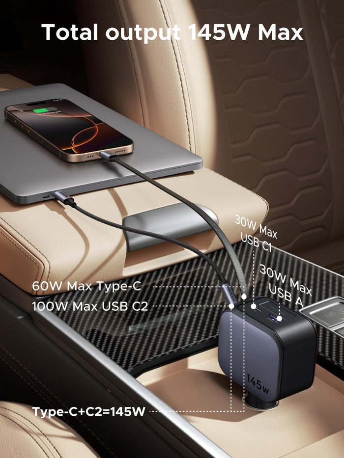 UGREEN Nexode Car Charger 145W with Retractable USB - C Cable - UGREEN EU