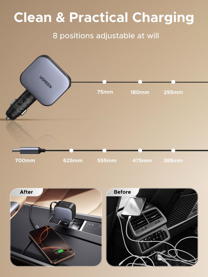 UGREEN Nexode Car Charger 145W with Retractable USB - C Cable - UGREEN EU