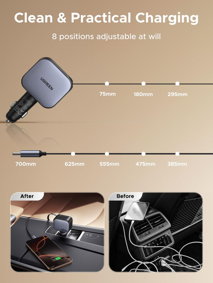 UGREEN Nexode Car Charger 60W with Retractable USB - C Cable - UGREEN EU