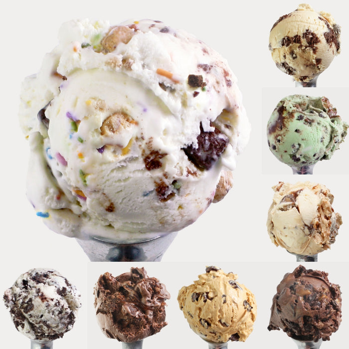 Collage of various ice cream flavors in scoops on a white background