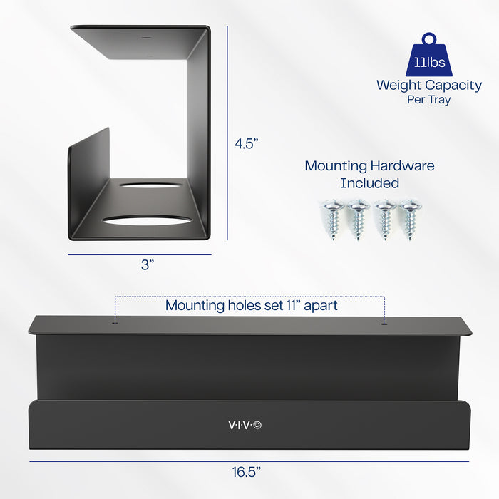 Black cable management trays with dimensions and hardware information on a white background