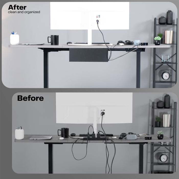 Before and after comparison of a desk setup with cleaning and organization.