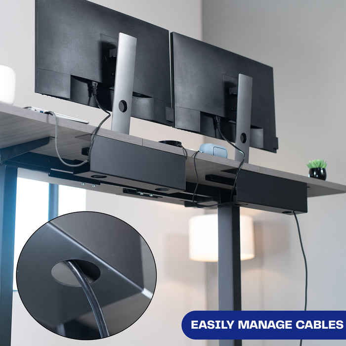 Desk with dual monitor setup and cable management system, emphasizing cable management feature.