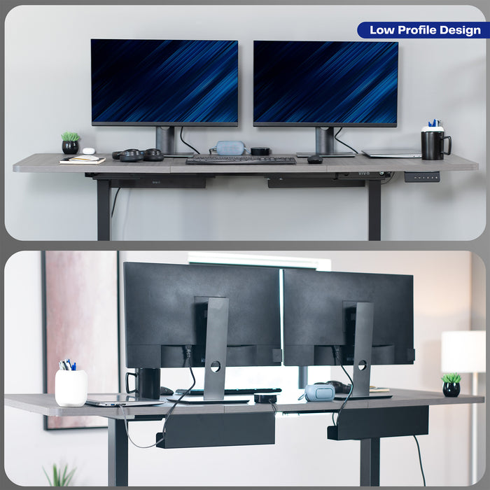 Low profile view of under desk cable management trays.