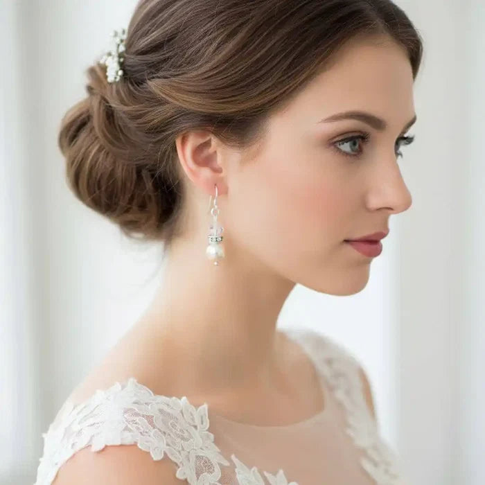 Various Color Swarovski Crystal Pearl Stack Earrings worn by a model with elegant hairstyle and bridal attire.