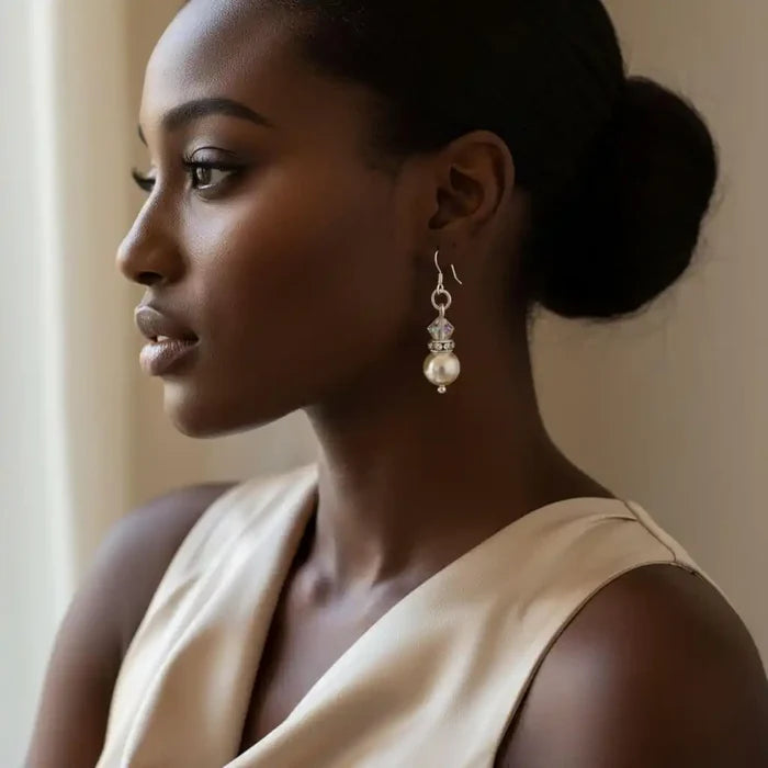 Various Color Swarovski Crystal Pearl Stack Earrings worn by a model, showcasing elegance and sophistication.