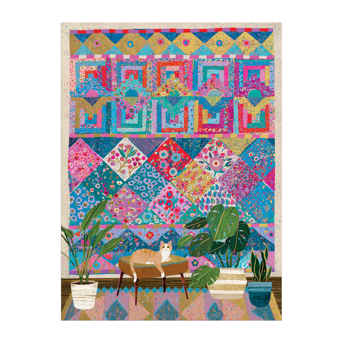 The Victoria Ball Quilters Corner 1000 Piece Foil Puzzle by Victoria Ball features a vibrant quilt tapestry above a small daybed with a lounging dog, and potted plants on a wooden floor, capturing a lively home scene.