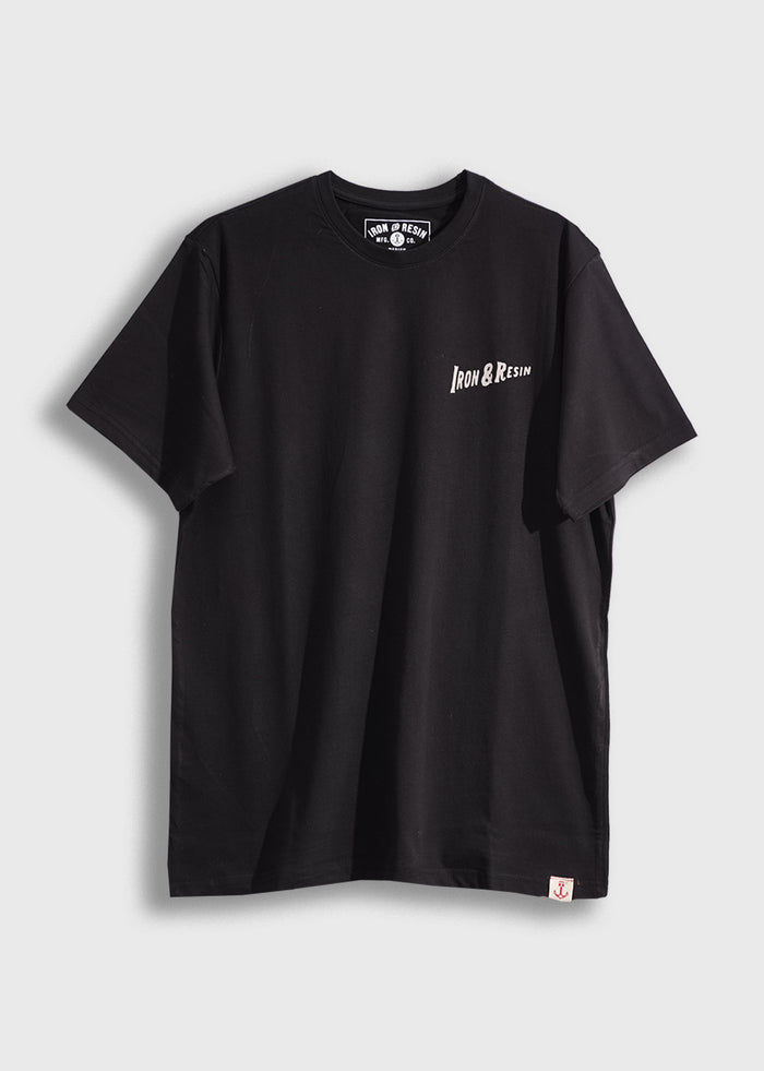 Black Iron & Resin T-shirt with logo on chest, displayed against a white background, highlighting its simple and classic design.