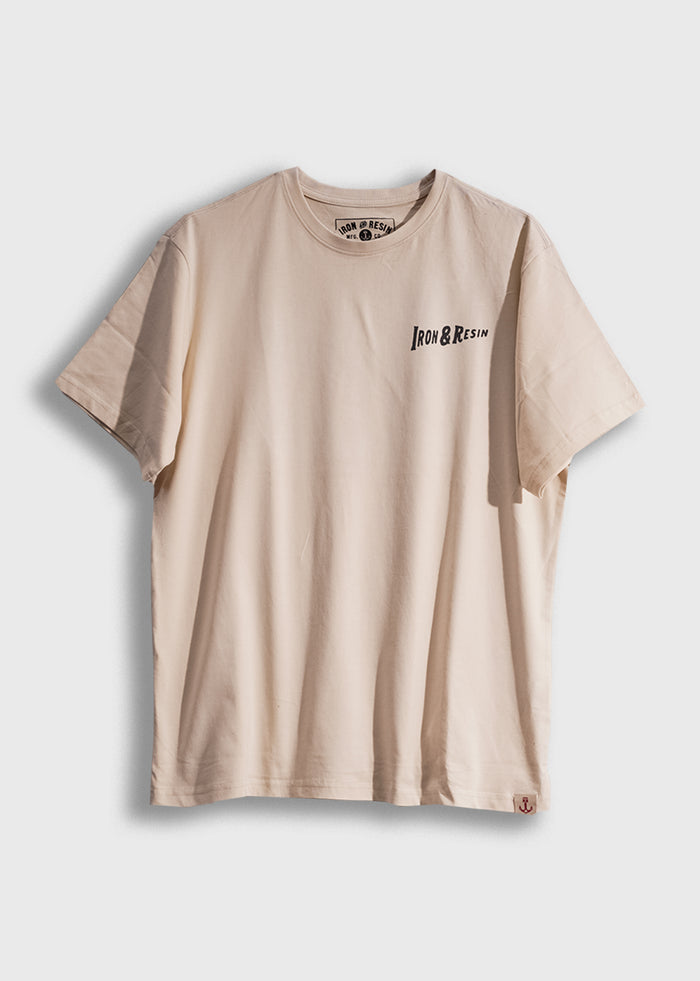 Beige T-shirt with "Iron & Resin" logo on chest, displayed against a white background, showcasing simple and classic design.