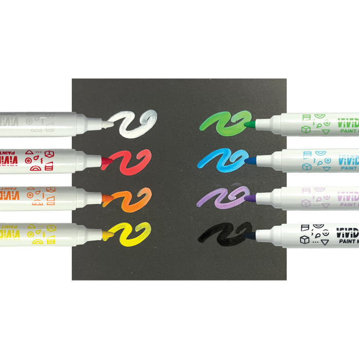 Color swatches with markers on black paper from OOLY Vivid Pop! Water Based Paint Markers - Set of 8