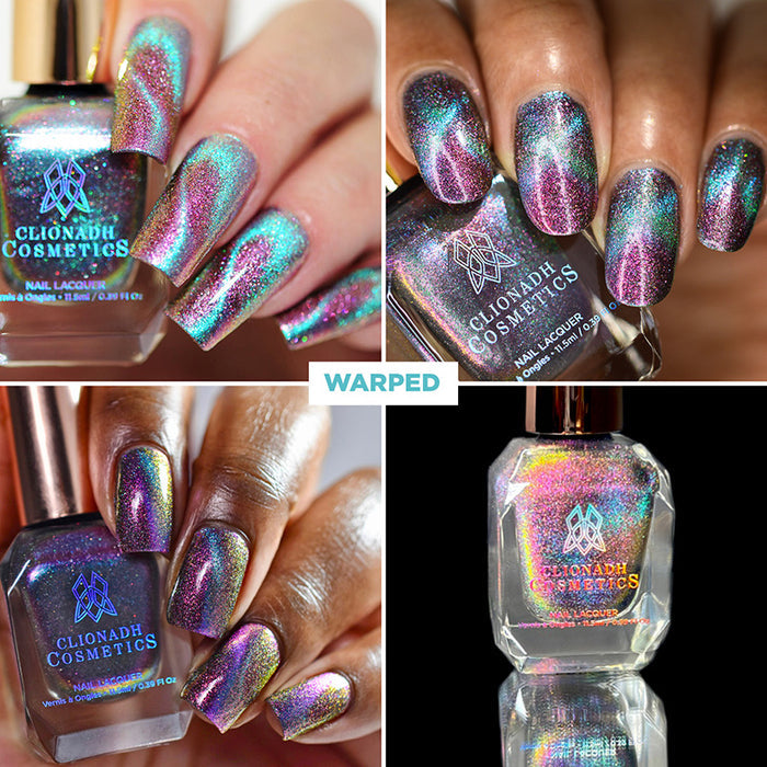 Collage of nails done with Warped nail lacquer on fair, medium and deep skin tone as well as a nail lacquer bottle.