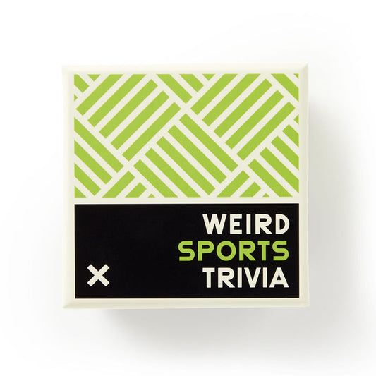 A square box from Brass Monkey featuring a geometric green and white top. The black bottom displays WEIRD SPORTS TRIVIA in white and green—ideal for fans of obscure sports facts—with a small white X in the corner.