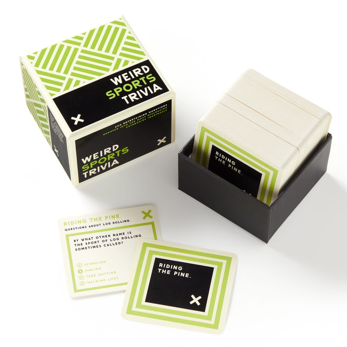 The Brass Monkey Weird Sports Trivia boxed set is shown, featuring green, black, and white cards spread out with questions and answers about unusual sports.