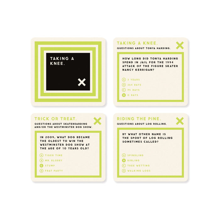 Weird Sports Trivia by Brass Monkey features four green-bordered cards with quirky questions about Tonya Harding, skateboarding, dog shows, and log rolling. Explore obscure sports facts as you play!.