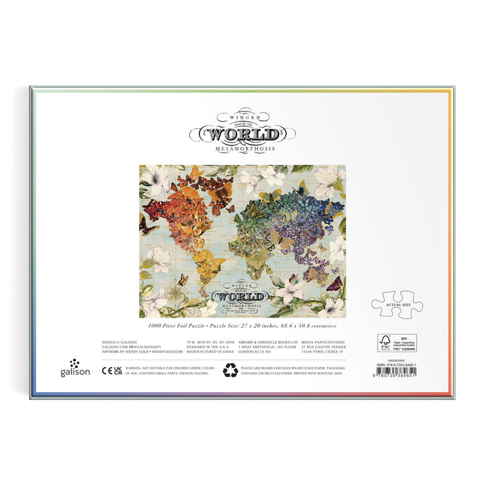 The image shows the back of a Wendy Gold Winged Metamorphosis 1000 Piece Foil Puzzle box, featuring a vibrant butterfly and flower world map design, with Wendy Gold branding and product details highlighted.