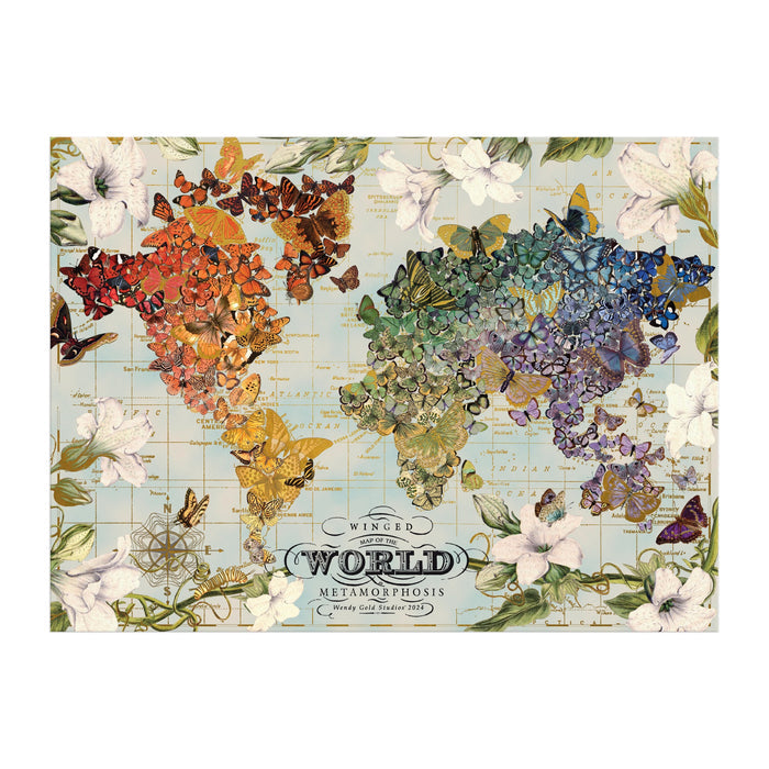 The Wendy Gold Winged Metamorphosis 1000 Piece Foil Puzzle features a world map made of rainbow butterflies, with white flowers, green leaves, and vintage map accents—ideal for butterfly puzzle fans.