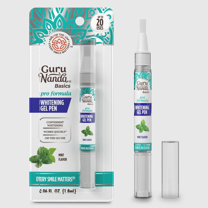 GuruNanda Whitening Gel Pen packaging with pen shown capped and uncapped, mint flavor, up to 20 uses