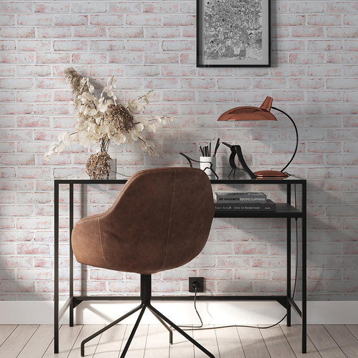 Tempaper's Whitewashed Brick Peel And Stick Wallpaper behind a black desk and brown chair.
#color_whitewashed