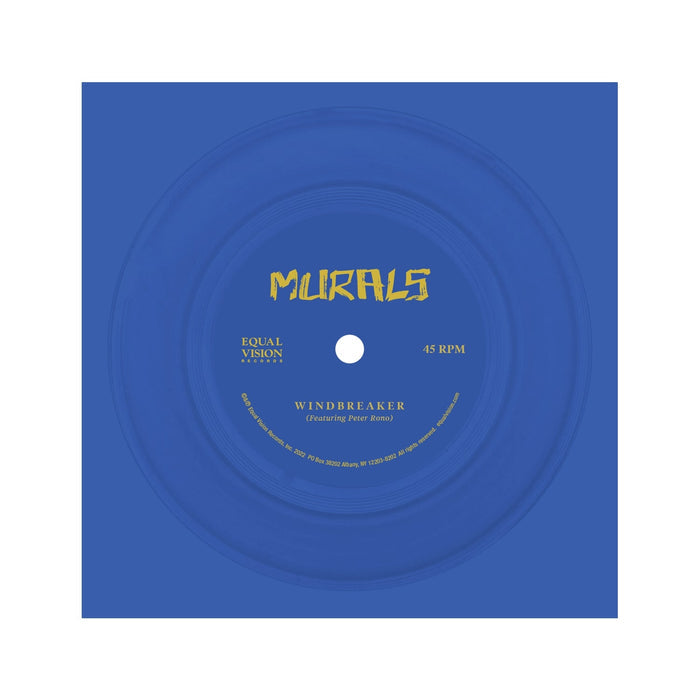 Blue flexi with yellow text in the center that says MURALS. There is smaller text to the left that says Equal Vision, and text to the right that says 45 RPM.