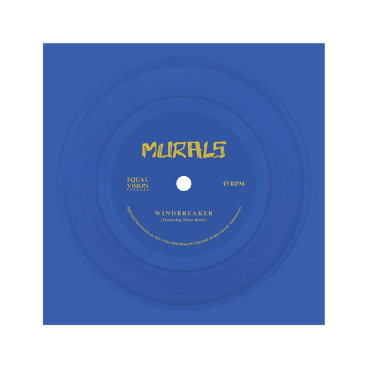 Blue flexi with yellow text in the center that says MURALS. There is smaller text to the left that says Equal Vision, and text to the right that says 45 RPM.
