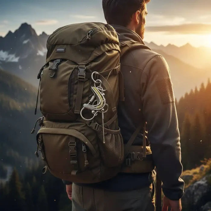 Wire Coiled Birdie Keychain For Him - Limited Edition attached to a rugged backpack in a scenic mountain view.