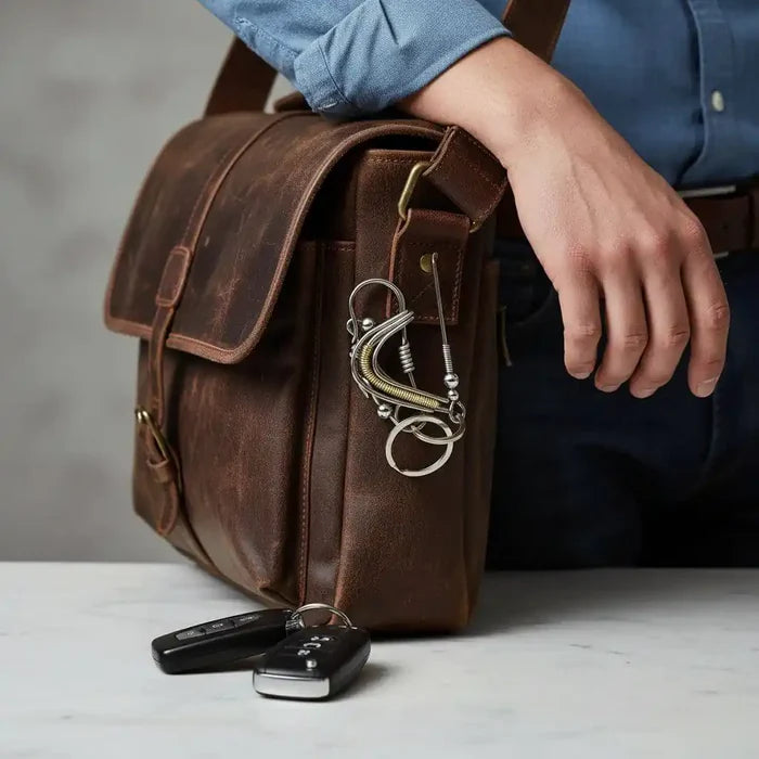 Wire Coiled Birdie Keychain For Him - Limited Edition attached to a stylish leather bag with car keys