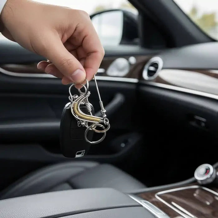 Wire Coiled Birdie Keychain For Him - Limited Edition held in hand above car keys inside a luxury vehicle.